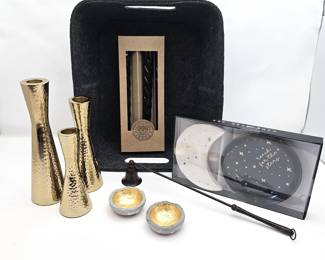 Curated Home Decor Lot – Gold Candle Holders, Candle Snuffer, Tray & Dish Set