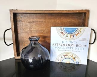 Wood Serving Tray w/ Iron Handles, Blue Art Glass Vase & Astrology Book – Decor Lot