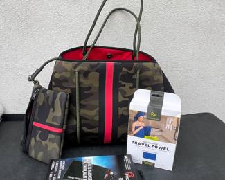  Haute Shore Camo Neoprene Tote Bag with Matching Pouch + Travel Accessories Bundle