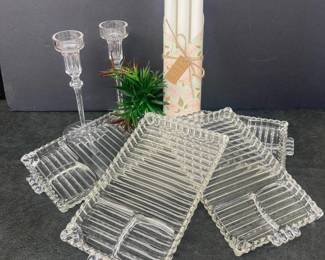  Vintage Glass Serving Plates Candlesticks White Taper Candles Elegant 8 Inch