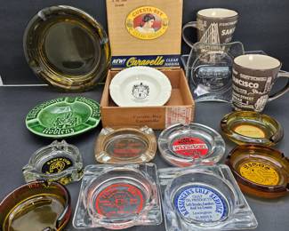  Vintage Advertising Ashtray Collection + Cuesta-Rey Cigar Box & San Francisco Souvenir Mugs