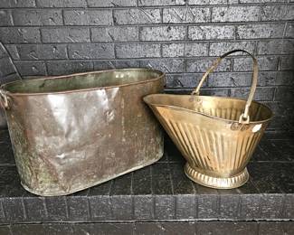 Vintage Copper Log Bin & Brass Coal Scuttle Fireplace Set w/ Patina