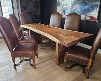 -Set of 6 Drexel Heritage Leather Dining Chairs Nailhead Trim Wood Base