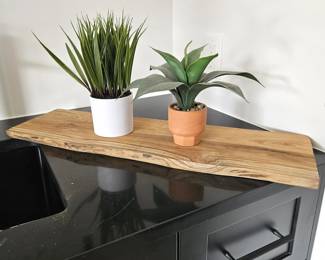 Natural Teak Wood Plank Decor w/ 2 Faux Plants – Organic Live Edge Style