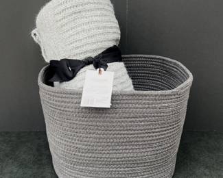 Heather Gray Knit Throw Blanket with Tassels in a Gray Woven Storage Basket
