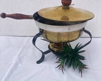 Vintage Brass Chafing Dish Stainless Steel Pan Wood Handle Retro Style 9.5 Inch
