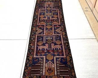  Baluchi Tribal Wool Runner- Hand Knotted Pictorial Woven Rug with Geometric Patterns- 120" Long x 34.5"