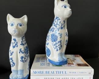 Pair of Blue and White Ceramic Cat Figurines w/ Floral Pattern + Three Beautiful Hardback Decorating Books