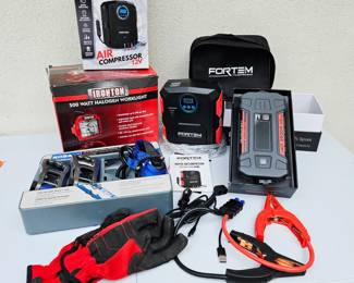 Automotive Emergency Kit Jump Starter Air Compressor Work Light Ratchet Straps Bundle