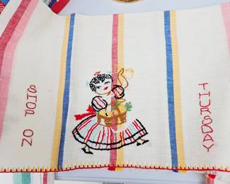 Vintage French Hat Box + 1977 Colorado Country Gold Tin + 5 Hand Embroidered Tea Towels