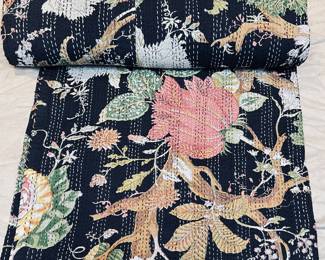 Handmade King Size Kantha Quilt - Cotton Floral Bedding with Black Background- 108 x108
