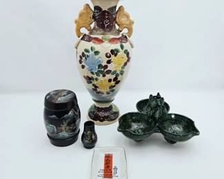  Asian Decor Lot Ceramic Vase Hand Painted Wood Pieces Ashtrays