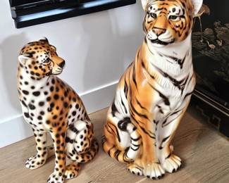 Pair Italian Ceramic Tiger & Leopard Figures Ceramiche Boxer Large Scale