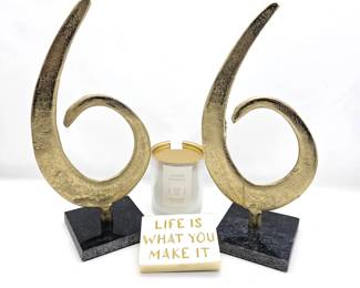 Modern Gold Swirl Sculptures on Marble Bases with Candle & Inspirational Plaque