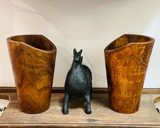 Rustic Wooden Planter Set with Black Metal Llama Sculpture