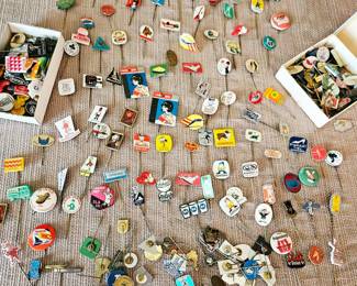 Vintage Advertising Stick Pins Estate Lot ~100 pcs European Enamel Mid Century Mara Coffee Travel Collection