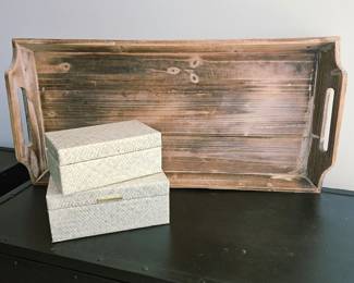  Large Weathered Wood Serving Tray w/ Handles + 2 Woven Rattan Storage Boxes