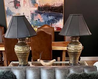 Pair of 30-Inch Vintage Brass Lamps with Black Shades