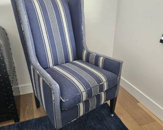 LEE Industries Handmade Blue & White Stripe Wingback Chair – Nailhead Trim, USA