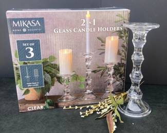  Mikasa Set Of 3 Glass Candle Holders Clear Crystal Home Accents Classic Style