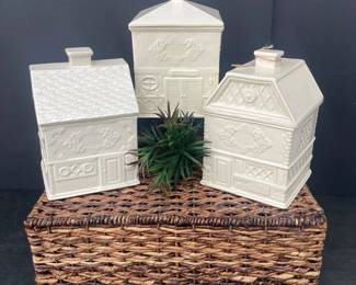  Vintage Set 3 Ceramic Glazed Canisters White Cottage House Design Approx 5.5x5.5 Inch