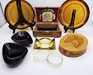 Vintage Cigar Box & Ashtray Lot – Camerons, Arturo Fuente, Amber Glass & Mid-Century Pieces