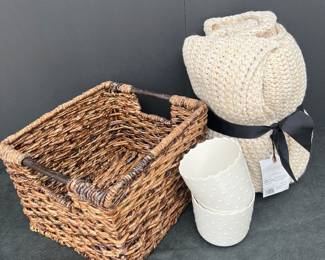 Cream Woven Throw Blanket with Woven Storage Basket and Ceramic IKEA Planters Set