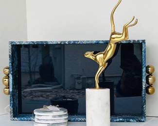  Elegant Modern Decor Set with Gold Statue, Blue Pattern Tray, and Marble Coasters