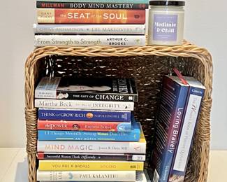  Woven Rattan Basket Filled with Inspirational Books and Lavender Scented Candle