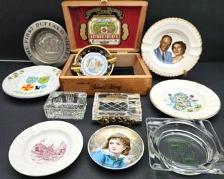 - Vintage Ashtray Lot w/ Wedgwood, Eisenhower Plate, Crystal & Cigar Box – Mid Century Mix