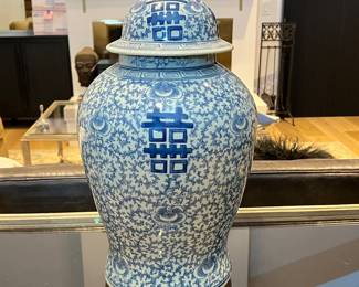  Antique 20" Blue and White Chinese Porcelain Ginger Jar with Lid