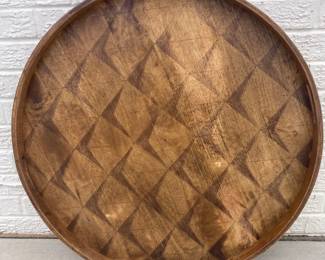 27-inch Round Wooden Tray with Geometric Pattern and Built-in Handles