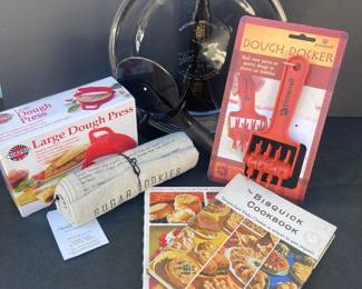 Vintage Baking Set with Anchor Hocking Pie Plate, Dough Press, Cutter, Docker, and Cookbooks