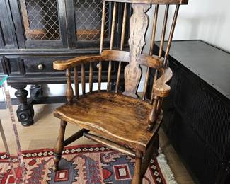 Antique Hand Carved Wooden Arm Chair Spindle Back Primitive Rustic Heavy