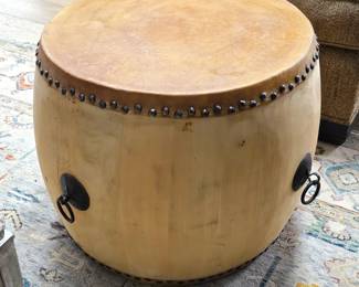 Reversible Round Drum Coffee Table Wood Barrel Form Iron Handles 23”