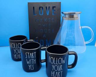 Rae Dunn Black Mug Set (3) Follow Your Heart Start With Yes + Glass Coffee Carafe & Metal Sign