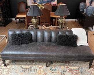 Arhaus Upholstered Settee/Leather Banquette/Dark Gray Couch Sofa - 92" Seating for Dining or Living Spaces