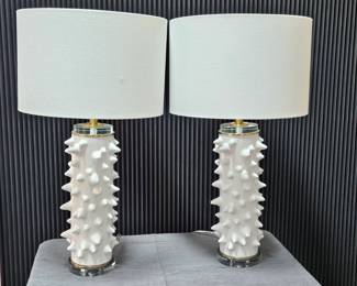 Set of 2 White Ceramic Table Lamps w/ Textured Spiked Base & Drum Shades 31"