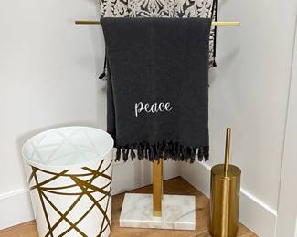  Modern Gold Tone Bath Towel Holder, Trash Can, and Brush Cleaner(new) Bathroom Set Includes Decorative Towels