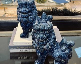- Pair of Deep Blue Ceramic Foo Dog Statues in Marble Finish- 8" Tall