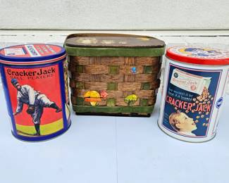  Vintage Cracker Jack Tins (2) + Hand Painted Woven Basket Purse