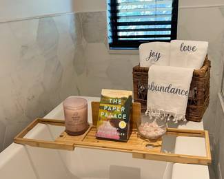 Bath Time Luxury- Bamboo Bathtub Caddy, Candle, Rose Quartz, Book, Basket, White Turkish Towels