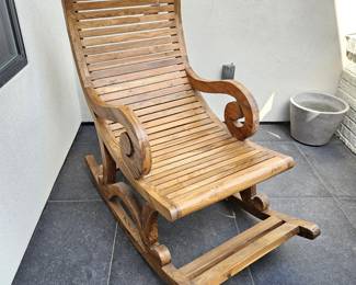 New Solid Wood Rocking Chair – Carved Scroll Arms Rustic Style