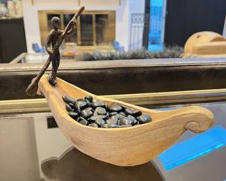  Handcrafted Wooden Canoe Sculpture with Standing Rower and Decorative Black Stones