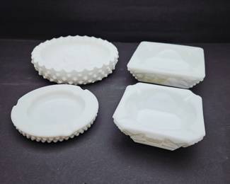 Fenton & Westmoreland Milk Glass Ashtray Lot Hobnail Paneled Grape Beaded Vintage Set 4pc