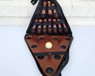 -Wooden Tabletop Skittles Bowling Game Set w/ Pins Ball & Carry Bag Indoor Game