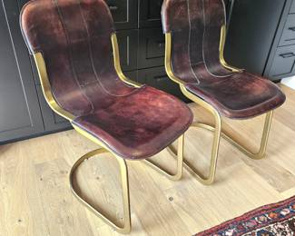  -Set of 2 Restoration Hardware Rizzo Leather Dining Side Chairs Brass Frame