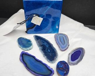 Italian Volterra Alabaster Swivel Box Blue Stone w/ Magnetic Agate Slices & Specimens