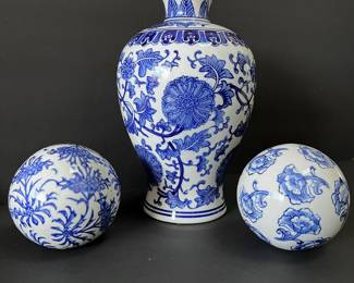  Set of Blue and White Porcelain Vase and Decorative Spheres