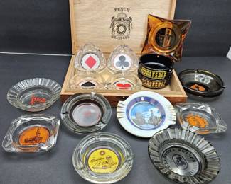 Vintage Las Vegas & Casino Advertising Ashtray Collection + Punch Cigar Box Card Suit Set